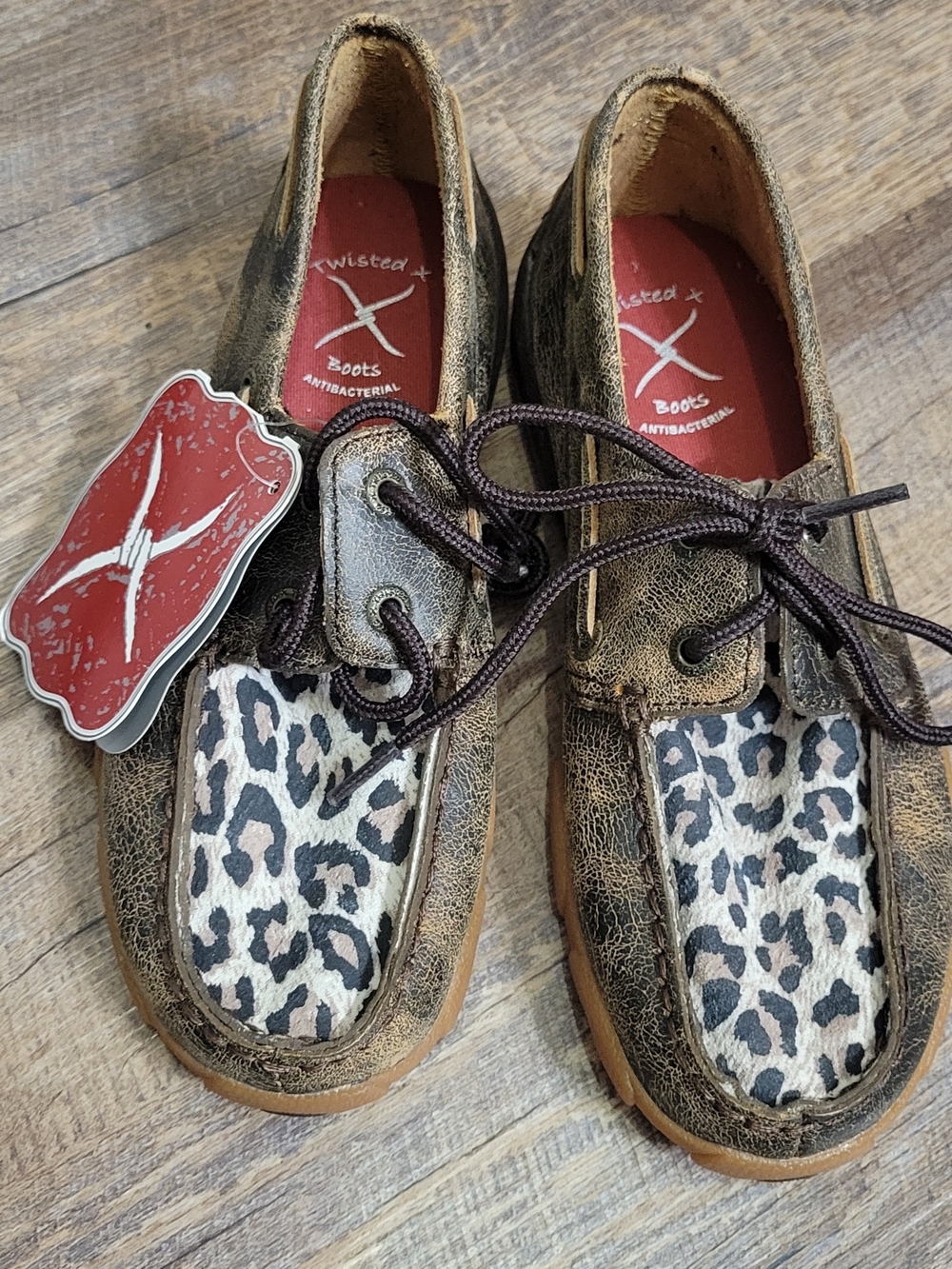 Twisted X Kids Brown Leather Boat Shoes with Leopard Print